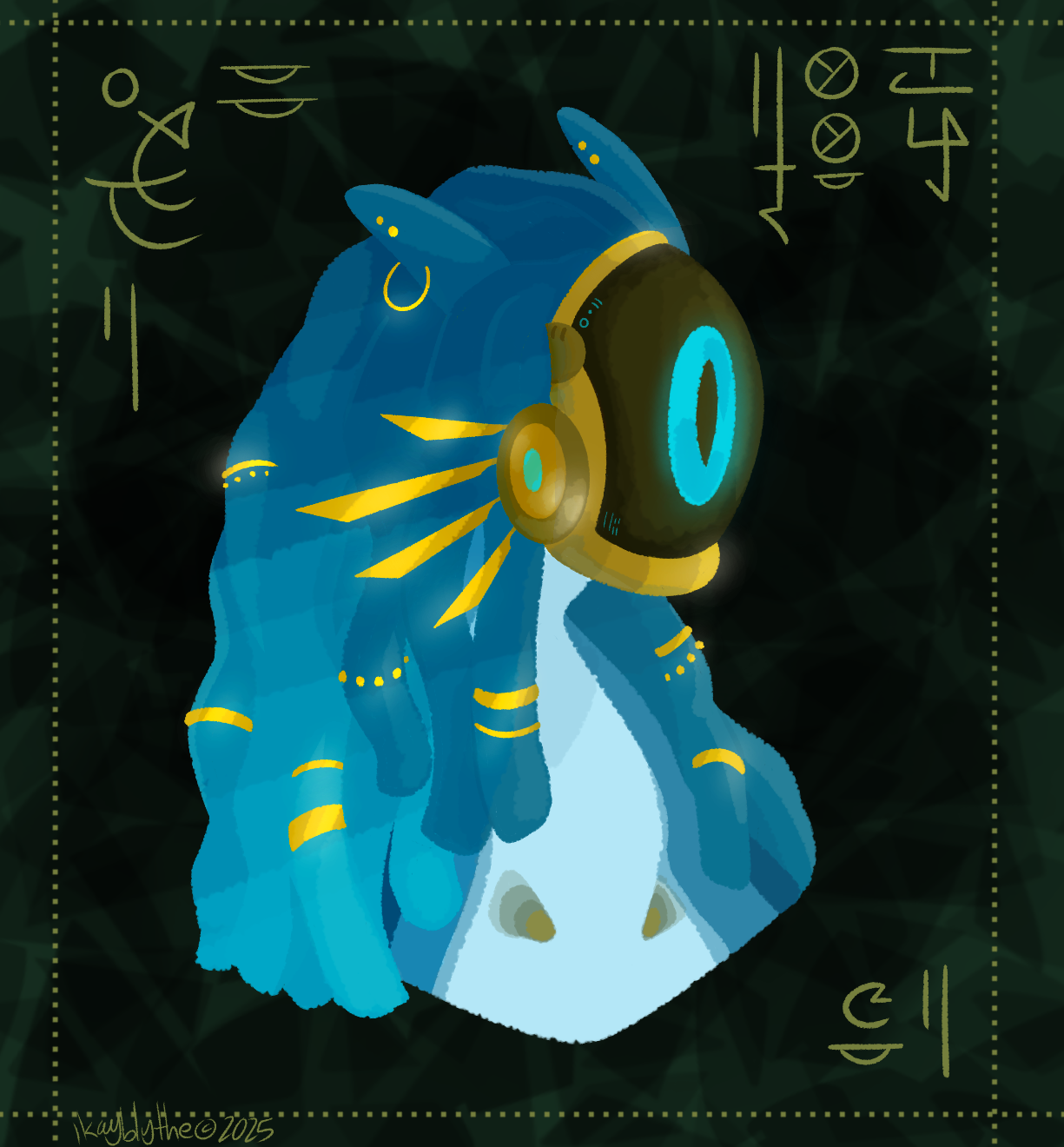 Headshot of a blue Nioqim wearing a golden mask.